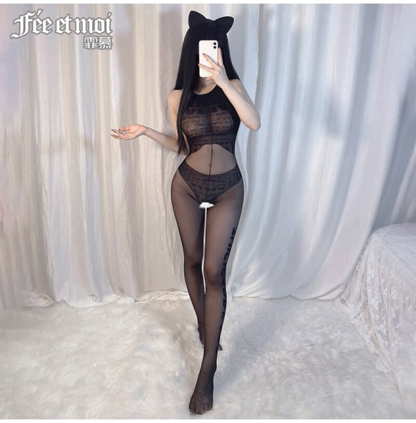 FEE ET MOI Fake Panties Alphabet Hollow Body Stockings (Black)